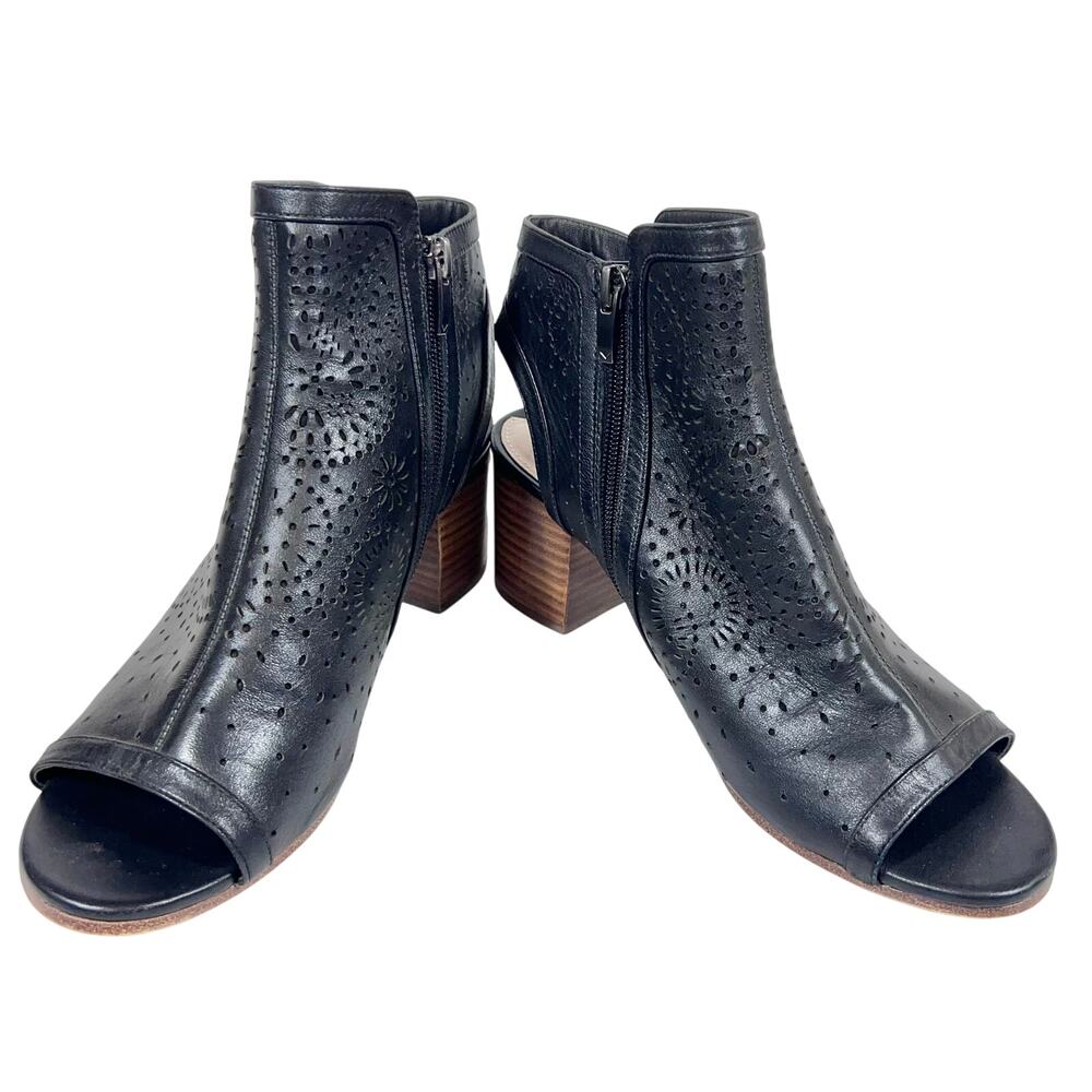 Via Spiga Black Open Toe Block Heel Ankle Booties Women 9.5M Black Leather